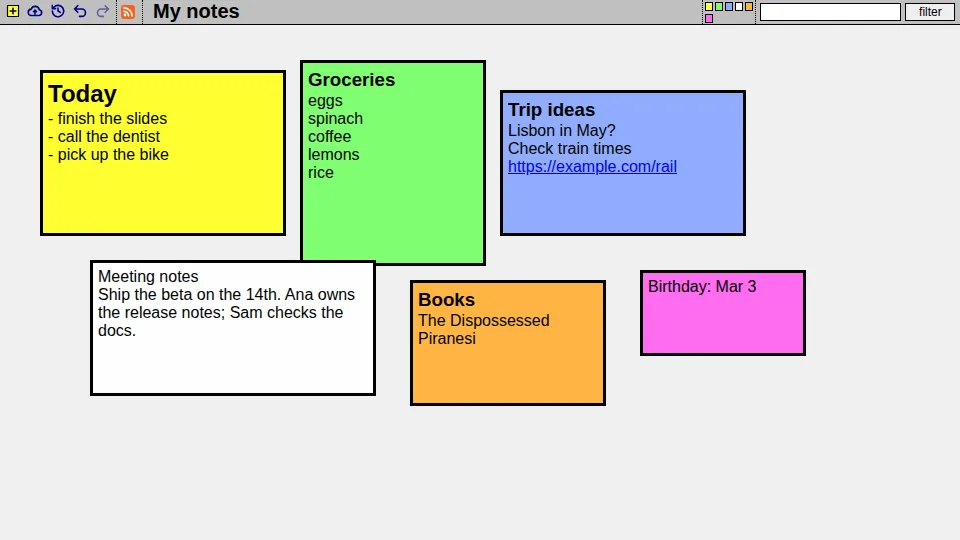 A Webnote workspace: several colored notes with lists and short text, and a toolbar at the top